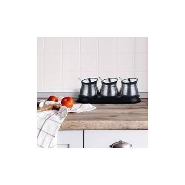 Imagem de Conjunto Pote 3 Unidades Condimentos Vidro Recipiente Inox Suporte Col