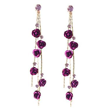 Imagem de Brinco de flor rosa vermelha com franja longa 3D brincos pendentes de flor rosa CZ cristal strass rosa moda declaração brincos pendentes flor roxa brinco de borla joias bar presentes de festa para mulheres meninas Roxa