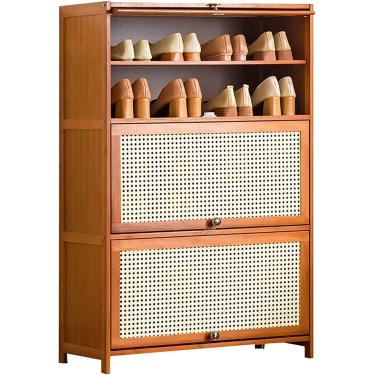 Imagem de Armário De Sapatos De Bambu Verde Com Portas De Rattan, Organizador De Sapatos De 10 Níveis Para Entrada, Corredor, Banheiro & Cozinha - Armário De Armazenamento Moder, Nature, 10tiers-23.6"