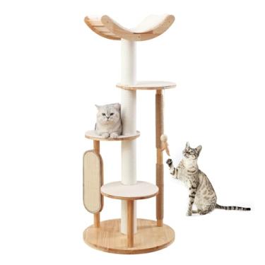 Imagem de MIUZMORE Torre de árvore de gato de 140 cm para gatos grandes internos, árvore de madeira de carvalho maciça com postes para arranhar, arranhador de sisal, plataformas antiderrapantes, cama macia para