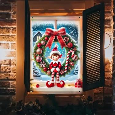 Imagem de BlissYard Capa de janela de Natal, guirlanda de elfo, cena de neve, faixa de janela para ambientes internos e externos, painel festivo de pinheiro, luzes de bengala doce, exibição de presente, fundo
