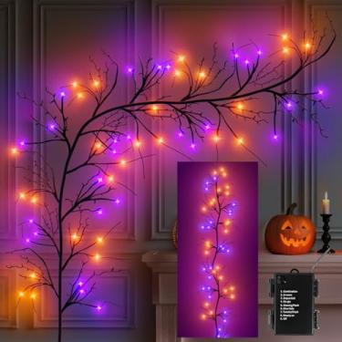 Imagem de CL FUN Luzes de galho de videira de salgueiro de Halloween: Corda de luz à prova d'água operada por bateria de 1,8 m com temporizador e 8 moldes - 54 LED roxo laranja decoração guirlanda para