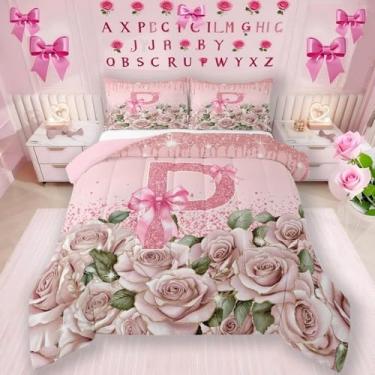 Imagem de Erosebridal Conjunto de edredom com letra A a Z, personalizado, letra P, solteiro, monograma, laço rosa, romântico, rosa, kawaii, edredom