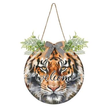 Imagem de WELLDAY Placa de boas-vindas com retrato de tigre em aquarela para porta da frente - Guirlandas de boas-vindas rústicas com vegetação grampeada, decoração para varanda de fazenda de 30 cm