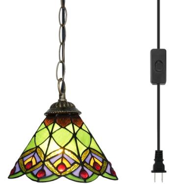 Imagem de Blivuself Tiffany Luminária pendente de 20 cm de cauda de pavão verde Tiffany luminária pendente de vitral luminária de suspensão ajustável em altura com fio de 4,7 m