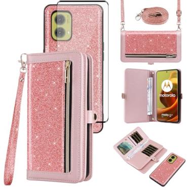 Imagem de Asuwish Capa carteira compatível com Motorola Moto G85 5G e protetor de tela de vidro temperado, capa flip de couro com glitter, zíper, suporte para cartão, acessórios para celular, capas de telefone