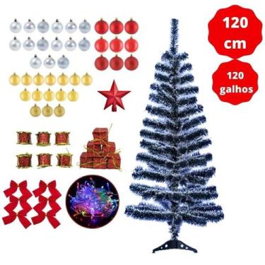 Imagem de Kit Árvore Natal Nevada Decorada 1,20m 65 Enfeite Pisca Pisca Led 110v