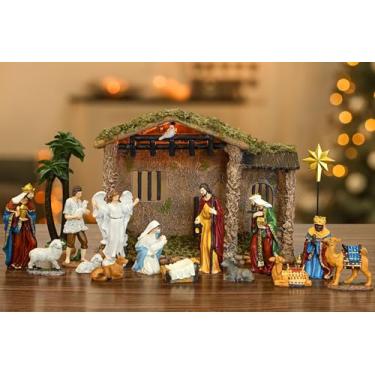 Imagem de Fovths Conjunto de 17 peças de presépio iluminado para ambientes internos, presépio religioso, estábulo, manjedoura, decoração de resina, para decoração de mesa de presépio de LED, 12 cm