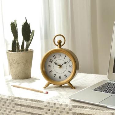 Imagem de EMAX HOME Relógio dourado pequeno de mesa e prateleira, relógio de mesa retrô elegante de 12 x 19 cm com capa de vidro, relógio decorativo silencioso sem tique-taque operado por bateria para sala de