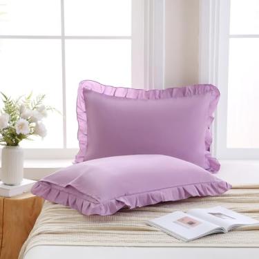Imagem de Merryword Fronhas de almofada roxas lavanda roxo claro com babados padrão conjunto de 2 fronhas de microfibra macia chiques gastas 2 unidades