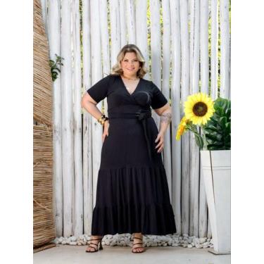 Imagem de Vestido Longo Plus Size Decote em V Acinturado - luh may, Preto, G2