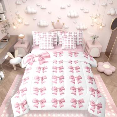 Imagem de Jogo de cama solteiro com laço rosa e laço fofo, 7 peças, decoração de quarto de meninas, crianças e adolescentes, conjunto de lençol com edredom de princesa Kawaii, rosa e branco