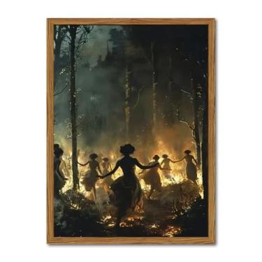 Imagem de Arte de parede em tela vintage de bruxa de Halloween emoldurada, arte de parede de imagens de bruxa dança do fogo, decoração de parede gótica escura Academia outono floresta impressões assustadoras
