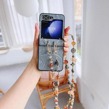 Imagem de Capa para Samsung Galaxy Z Flip6 Crossbody com cordão e contas coloridas brilhantes em couro sintético à prova de choque (para Samsung Galaxy Z Flip6/azul)