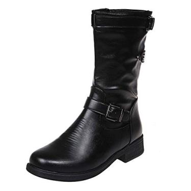 Imagem de Bigfanshu Botas femininas de cano médio com fivela de cano médio salto quadrado baixo com zíper meia bota outono inverno PU sapatos rasos preto cinza casual para uso ao ar livre sapatos com fivela botas chukka cano médio, Preto, 9.5