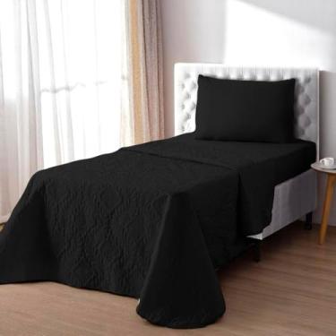 Imagem de Cobre Leito Solteiro 3 Peças Microfibra com Jogo de Lençol Elásticado Matelado Ultrassônico, (Preto)