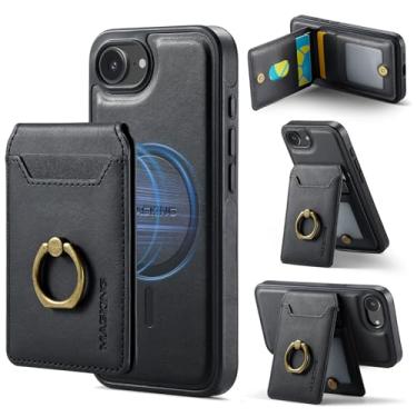Imagem de DG.MING Capa de couro magnética removível 2 em 1 para iPhone 16e, carteira com bloqueio de RFID, compatível com carregamento sem fio MagSafe com anel giratório de 360°, capa protetora à prova de