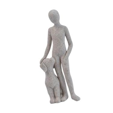 Imagem de Fenteer Estatueta de resina de homem e cachorro, acessório de decoração para casa, fofa para donos de animais de estimação, escultura de vínculo emocional, Cinza Claro