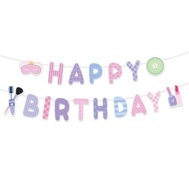 Imagem de Pijama Festa Aniversário Faixa, Pré-Enfiada Happy Birthday Placa Fofo Maquiagem Tema Decorações para Meninas Mulheres Festa do Pijama Spa Suprimentos