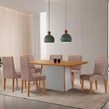 Imagem de Mesa De Jantar Diane 180cm Tampo Mdf Lam 6 Cadeiras Lisboa Moderna Linho Capuccino Naturale Off White