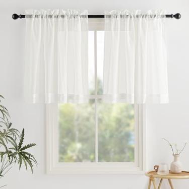 Imagem de Cortinas transparentes esmagadas 91,4 cm de comprimento 2 painéis, bolso para varão de voile com filtro de luz para janela curta para banheiro, sala de estar, fazenda, janelas pequenas, 107 x 91 cm de