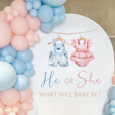 Imagem de JarThenaAMCS 2 peças de decalque "He or She What Will Baby Bege" para pano de fundo revelação de gênero decoração de festa rosa azul adesivo de parede para chá de bebê, decoração de arco de