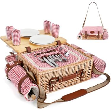 Imagem de Conjunto de cesta de piquenique multifuncional de vime para 4 com cobertor e mesa de piquenique, conjunto de piquenique isolado com utensílios de mesa completos para acampar ao ar livre, casais