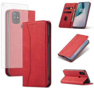 Imagem de Asuwish Capa carteira flip para OnePlus Nord N10 5G com protetor de tela fecho magnético capa fólio suporte para cartão de crédito suporte One Plus N 10 G5 1 Plus 10N 1plus One+ 1+ N105G vermelho