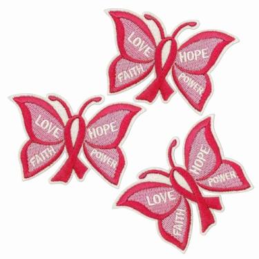 Imagem de Patch de conscientização do câncer de mama, 3 peças Love Hope Faith Power Awareness fita borboleta ferro em patch bordado para roupas, jaqueta, jeans, mochilas (E)