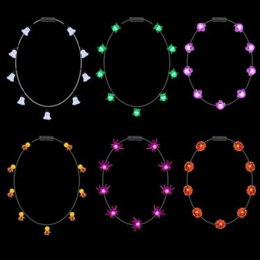 Imagem de 6 colares iluminados de Halloween, brinquedos de Halloween que brilham no escuro, 6 colares de várias formas para lembrancinhas de festa de Halloween, suprimentos de acessórios para fantasia de festa