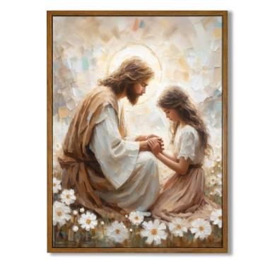 Imagem de Arte de parede cristã emoldurada 12×16 polegadas Jesus e menina arte de parede decoração de arte Jesus pintura imagens para parede religiosa cristã decoração de parede