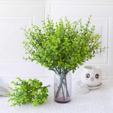 Imagem de Planta verde artificial folha de mesa falsa planta parede grama plástico ramo de árvore floral pequeno trepadeira para decoração de escritório em casa (folhas de eucalipto)