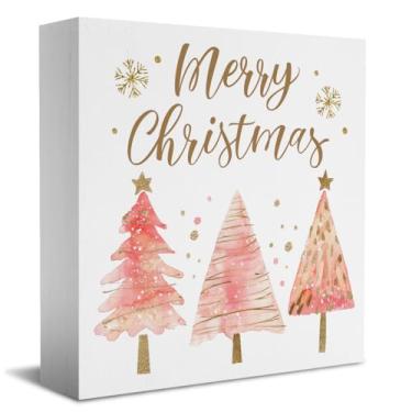 Imagem de Decorações de Natal rosa, decoração de quarto de Natal, placa de caixa de madeira para árvore de Natal, decoração de escritório em casa para prateleira de mesa