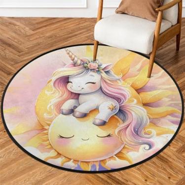 Imagem de Tapete redondo de 1,5 m fofo sol unicórnio macio tapete de área circular antiderrapante lavável tapete de porta para interior quarto berçário sala de estar cozinha banheiro entrada casa tapete