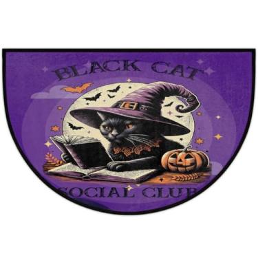 Imagem de Tapete de porta meio redondo, gato, Halloween, roxo, antiderrapante, absorvente, semicírculo, tapetes laváveis, meia lua, tapetes para ambientes internos, pátio, cozinha, banheiro, entrada, lareira