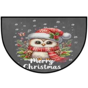 Imagem de Tapete de porta meio redondo, coruja, Natal, adorável, antiderrapante, absorvente, semicírculo, tapetes laváveis, meia lua, para ambientes internos, pátio, cozinha, banheiro, entrada, lareira