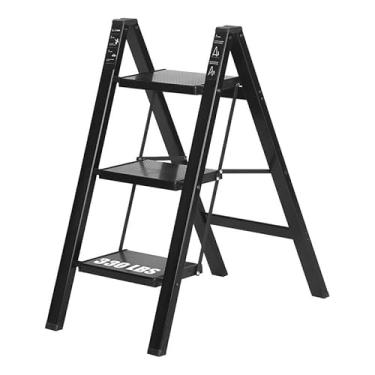 Imagem de Escada de 3 degraus, banco dobrável leve de alumínio com 3 degraus com pedal largo antiderrapante, escada com capacidade de 150 kg para casa, cozinha, escritório, fácil de dobrar, portátil