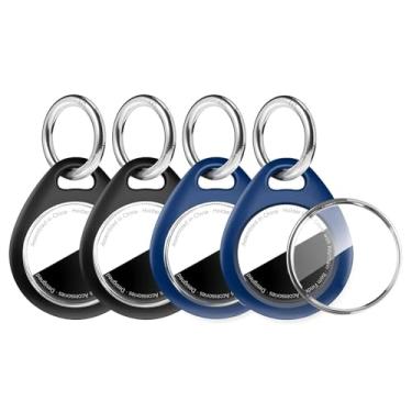 Imagem de Suporte para AirTag, capa com chaveiro, TPU à prova d'água para AirTag com chaveiros de metal, acessórios para etiquetas de ar com rastreador de itens Apple, pacote com 4 (preto, azul)