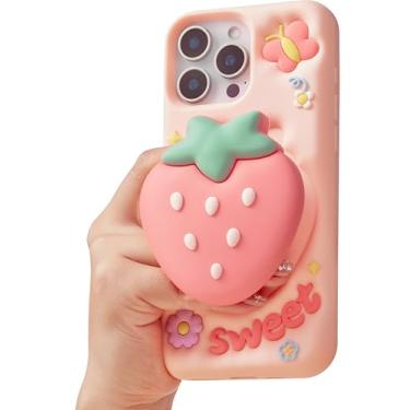Imagem de TUFTA Linda capa de telefone 3D morango pop-up com suporte e aderência para iPhone 15, Kawaii Girly silicone fruta capa para meninas e mulheres, rosa