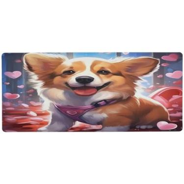Imagem de Wassud Valentine Corgi Mouse Pad Gaming com base de borracha antiderrapante, mouse pad longo com borda costurada, impermeável grande tapete de mesa para escritório, casa, 80 cm x 30 cm