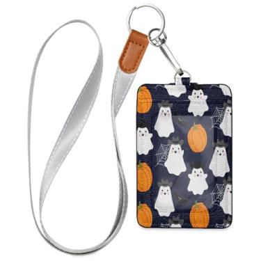 Imagem de Wassud Porta-crachá de couro PU Cowboy Ghosts com cordão, porta-cartão de identificação para trabalho, cordão de pescoço com compartimentos para cartões de crédito, funcionários, estudantes, 39,9 cm