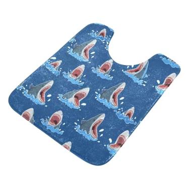 Imagem de Burbuja Tapete de banheiro com desenho de tubarões, tapete de banho absorvente de pelúcia macio, base antiderrapante para piso de banheiro, oval em forma de U