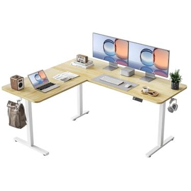 Imagem de YIHAYO Mesa de pé em forma de L, altura ajustável, mesa de canto elétrica de 150 x 139 cm com placa de emenda, mesa de computador para escritório em casa, natural