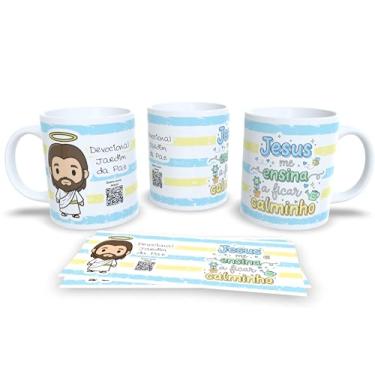 Imagem de Caneca Devocional Jardim da Paz, Branca com Listras Rosa e Verde, Flores, Tema Religioso (22997)