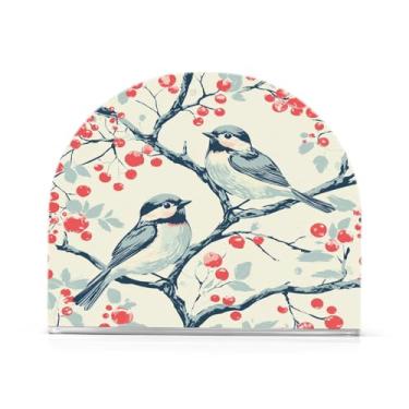 Imagem de Qilmy Porta-guardanapos de árvore de baga e pássaros de Natal para mesas, porta-guardanapos de papel de placa acrílica elegante, dispensador de papel de seda independente moderno para sala de jantar