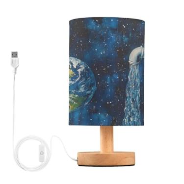 Imagem de Joisal Luminária de cama azul Planet Faucet com abajur de linho, luz de mesa pequena, decoração de mesa de cabeceira