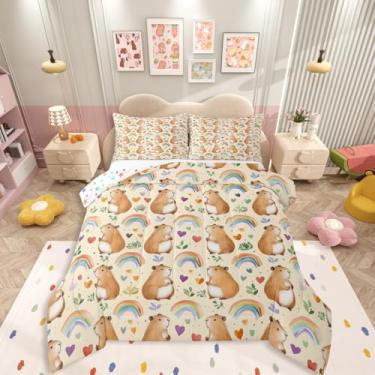 Imagem de Erosebridal Jogo de cama solteiro com estampa de capivara, colorido, arco-íris, para crianças, adolescentes, adultos, animais fofos, edredom com estampa de amor, ramos de coração, bege claro e marrom
