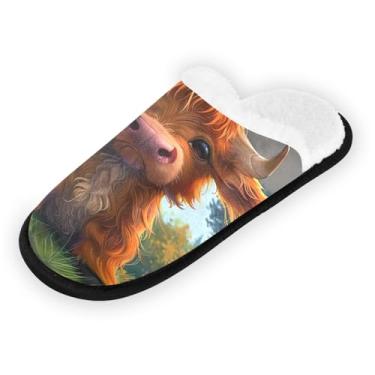 Imagem de Joisal Pantufas femininas com várias pernas em um mapa antigo, sapatos de casa, chinelos de viagem portáteis masculinos com bolsa de armazenamento, Linda vaca Highland, 9-12 US Women/9-12 US Men