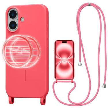 Imagem de UCASONG Capa transversal magnética para iPhone 16 de 6,1 polegadas, capa de silicone líquido com alça ajustável no pescoço, [compatível com MagSafe] capa protetora de telefone à prova de choque - rosa