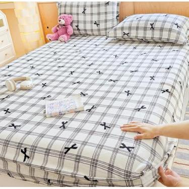 Imagem de J-pinno Jogo de lençol com elástico preto com laço xadrez para crianças, jovens e adolescentes, 1 lençol com elástico e 1 fronha